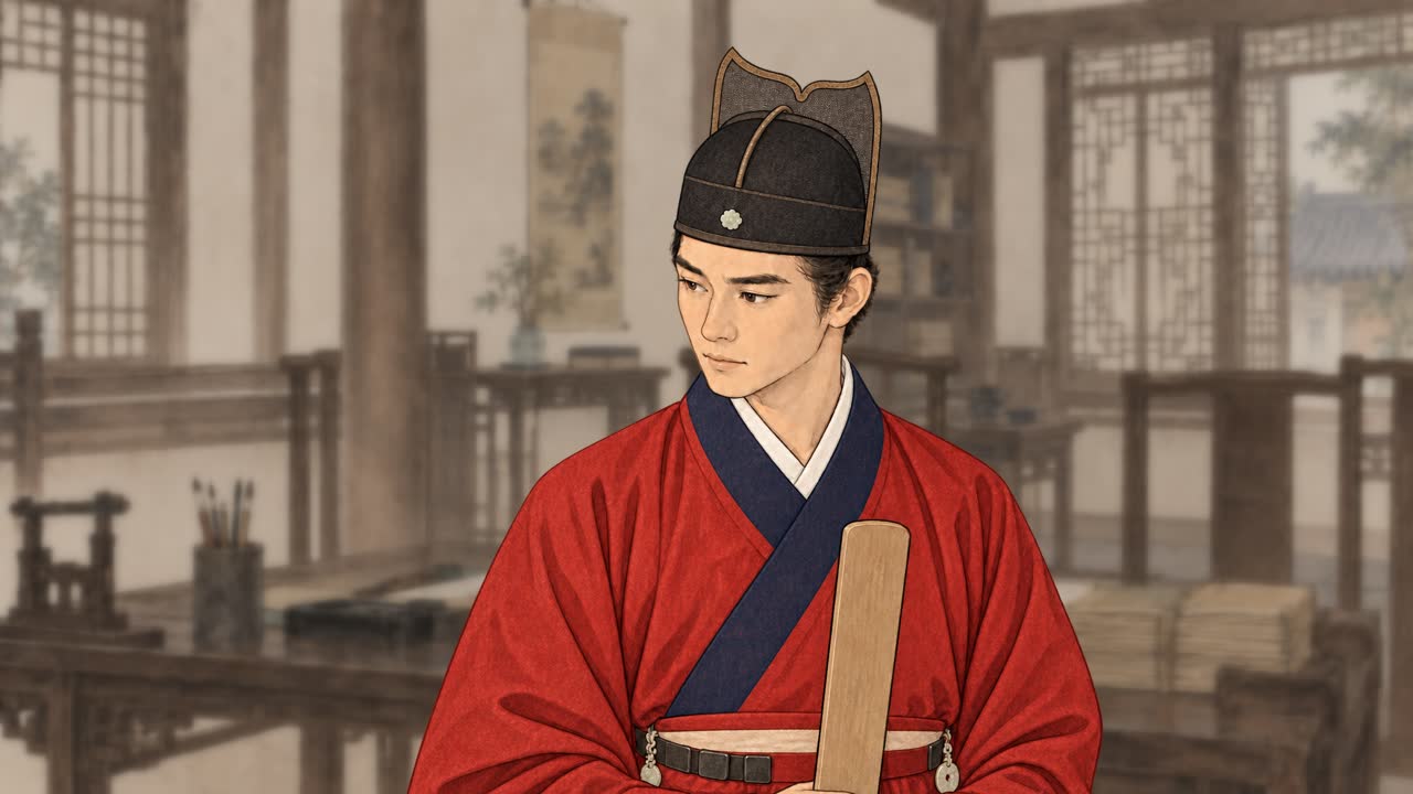 主角身穿朝服,手持笏板,站在官署里。