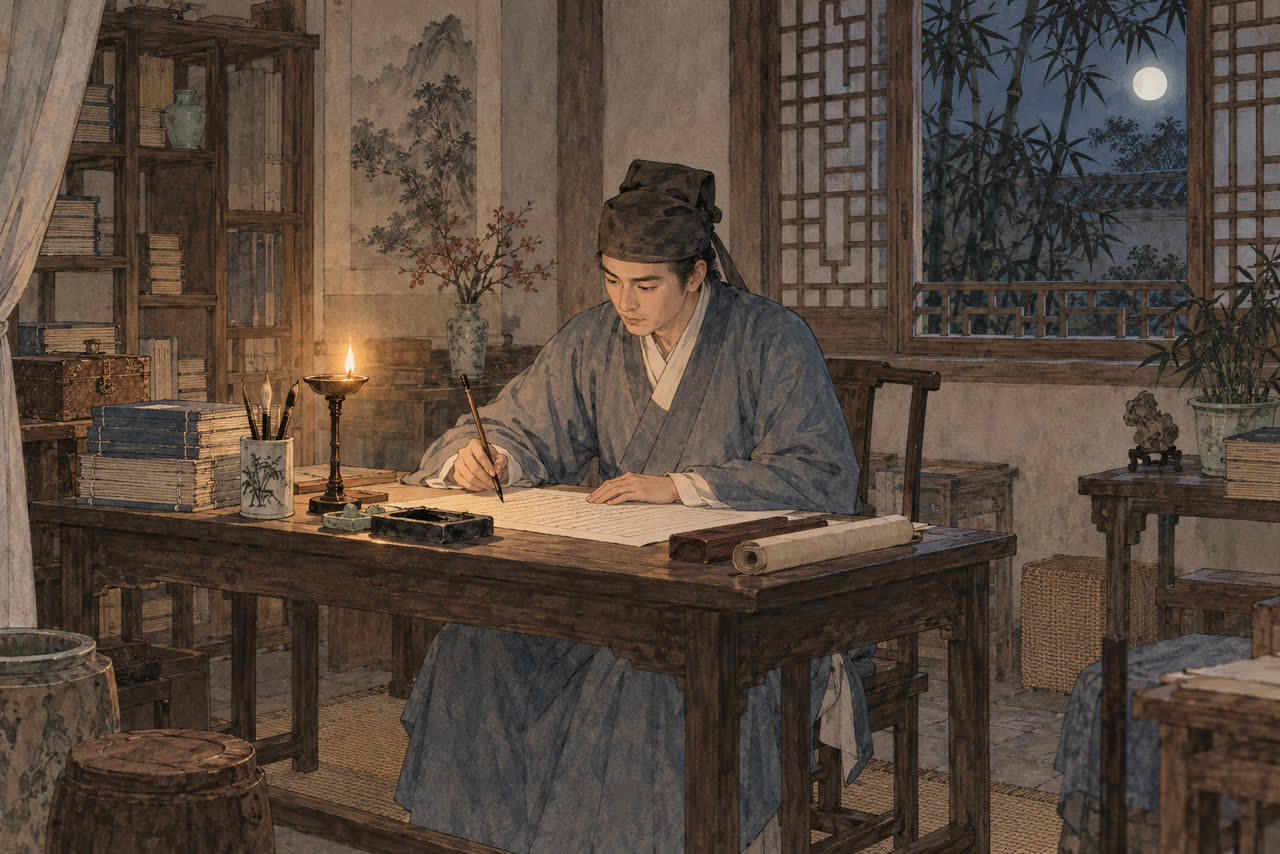 主角夜里在书房伏案写字。
