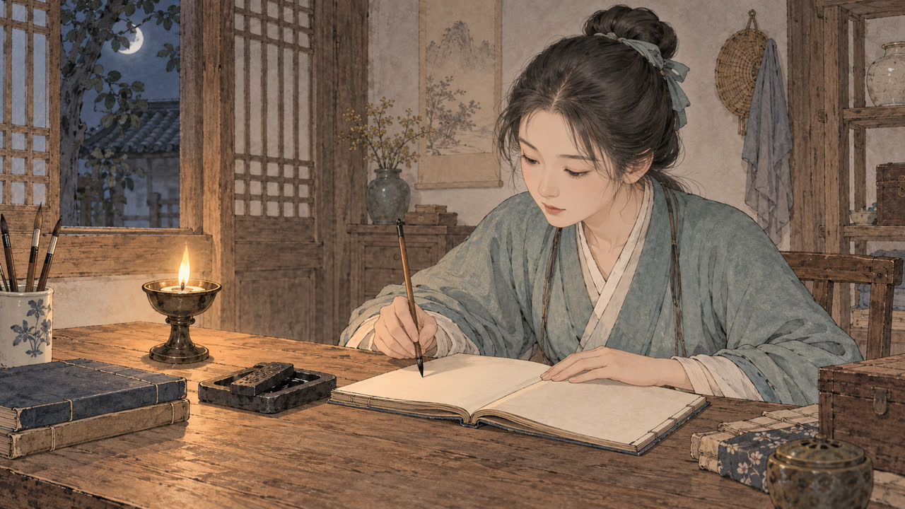 妹妹林沅在灯下抄书。